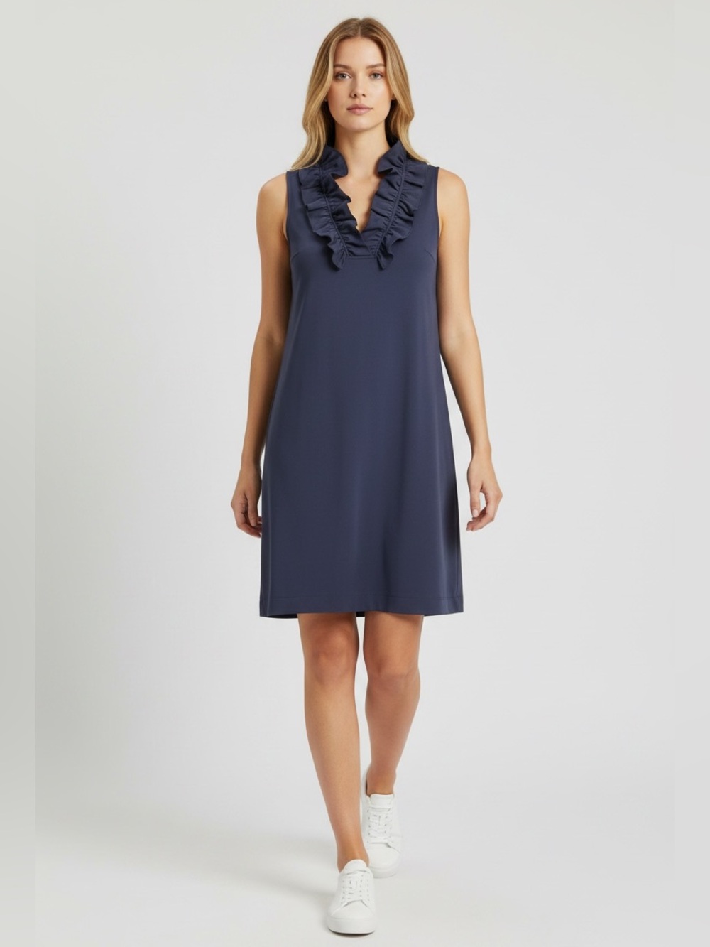 Gretchen Scott Navy Blue Ruffle Neck Sleeveless Dress Size XS